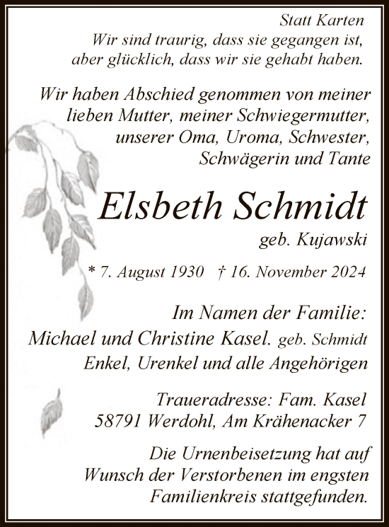 Traueranzeige von Elsbeth Schmidt von WA