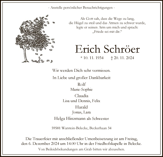 Traueranzeige von Erich Schröer von WA