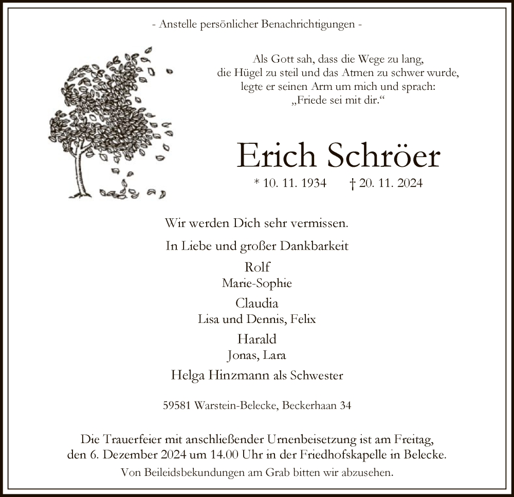  Traueranzeige für Erich Schröer vom 23.11.2024 aus WA