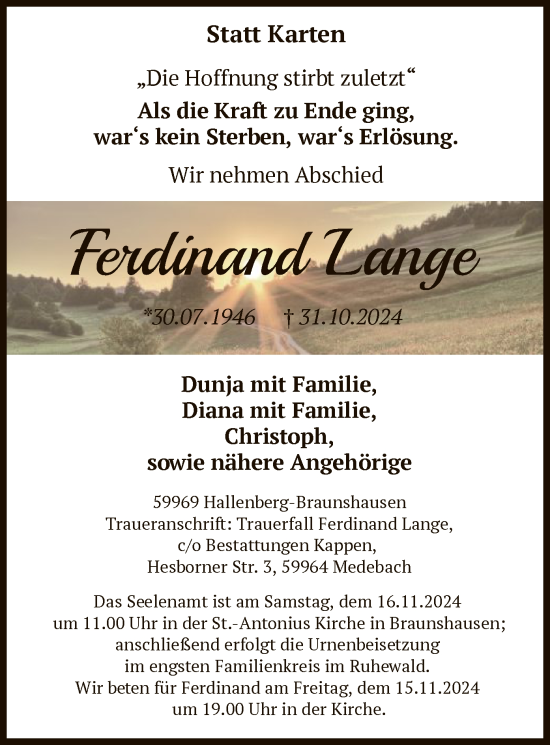 Traueranzeige von Ferdinand Lange von WA