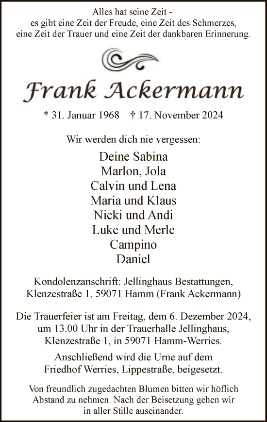 Traueranzeige von Frank Ackermann von WA
