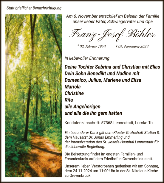 Traueranzeige von Franz-Josef Böhler von WA