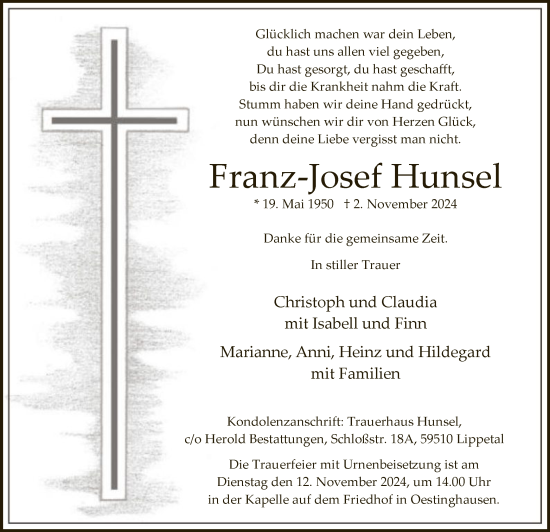 Traueranzeige von Franz-Josef Hunsel von WA