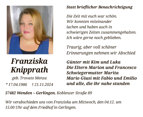 Traueranzeige von Franziska Knipprath von WA