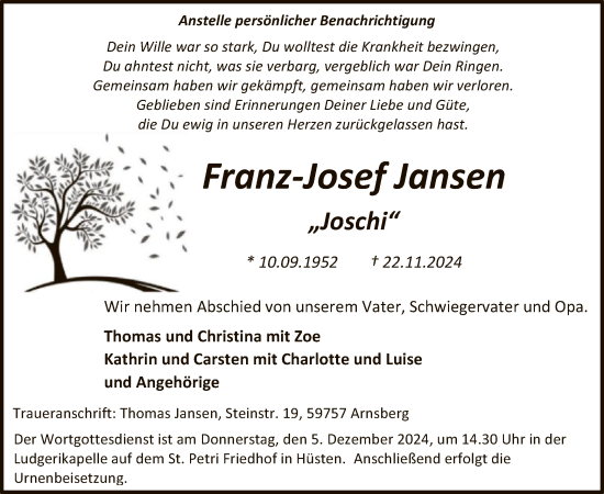 Traueranzeige von Franz Josef Jansen von WA