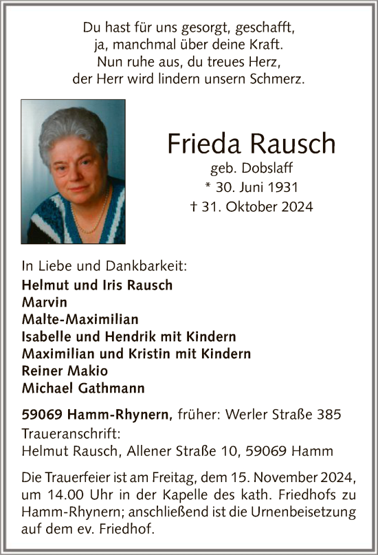 Traueranzeige von Frieda Rausch von WA