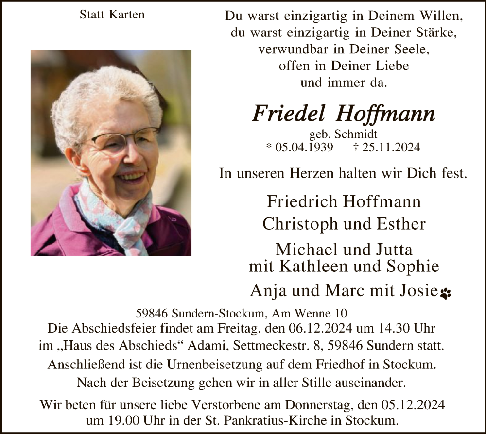  Traueranzeige für Friedel Hoffmann vom 30.11.2024 aus WA