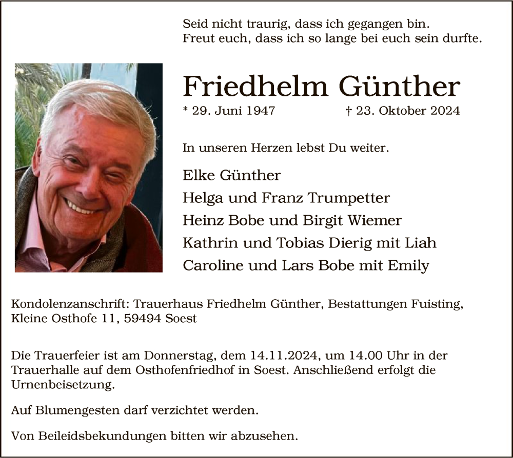  Traueranzeige für Friedhelm Günther vom 09.11.2024 aus WA