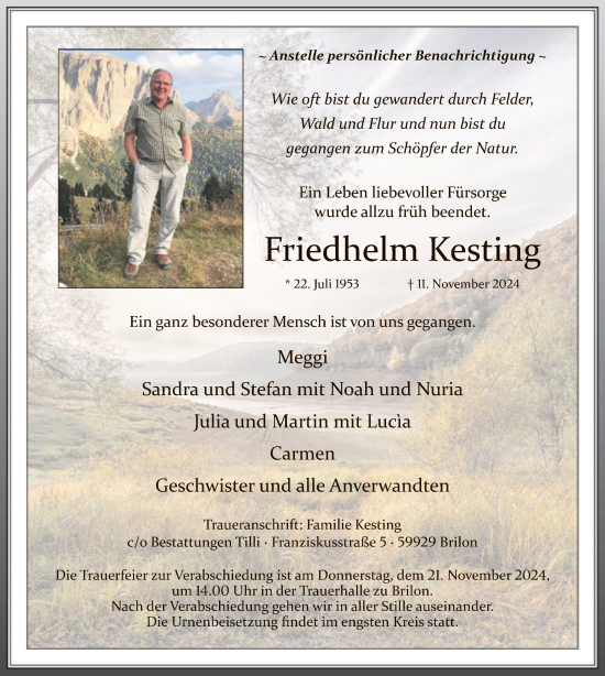 Traueranzeige von Friedhelm Kesting von WA