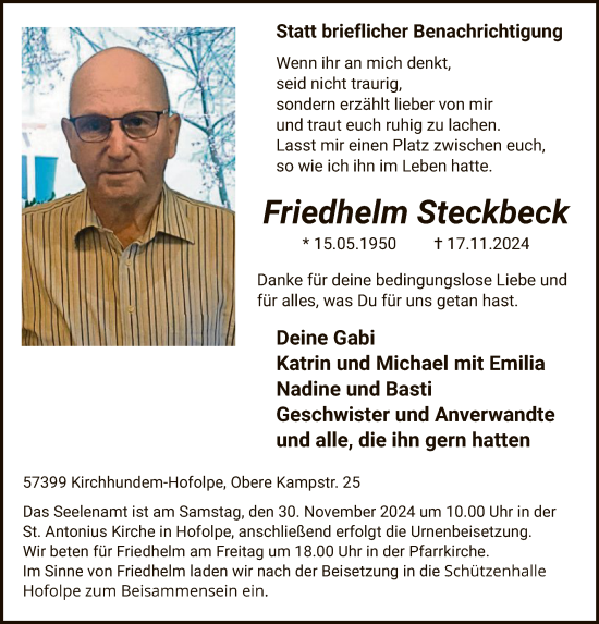 Traueranzeige von Friedhelm Steckbeck von WA