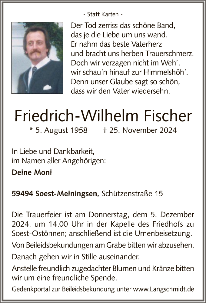  Traueranzeige für Friedrich-Wilhelm Fischer vom 30.11.2024 aus WA
