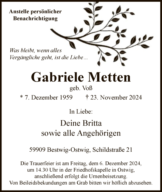 Traueranzeige von Gabriele Metten von WA