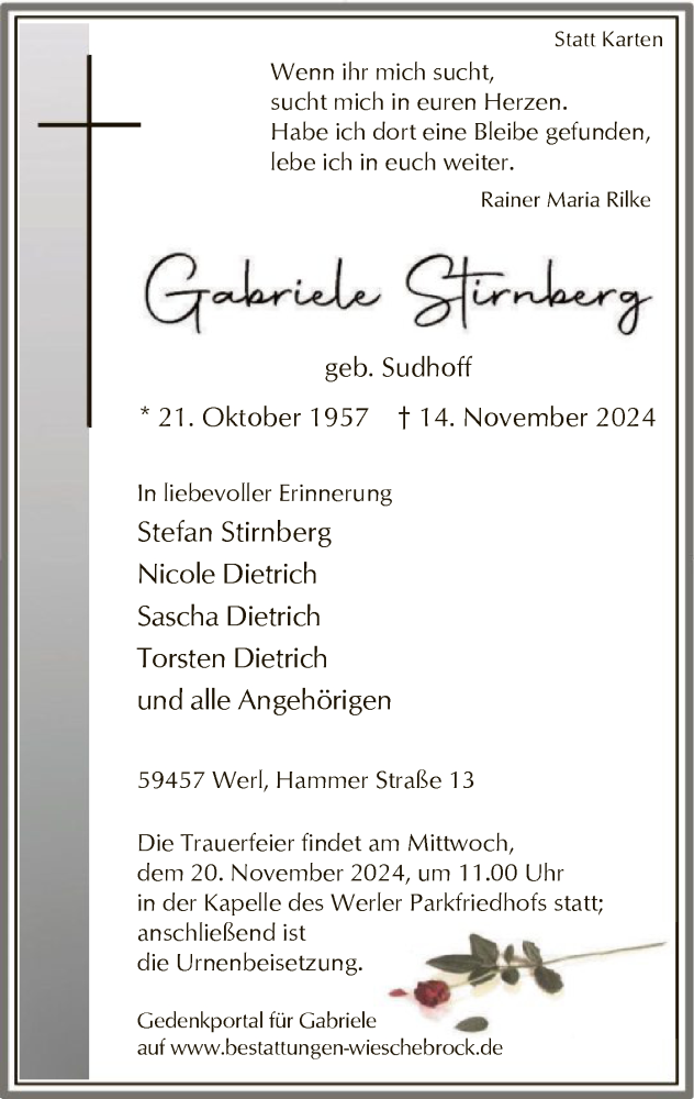  Traueranzeige für Gabriele Stirnberg vom 16.11.2024 aus WA