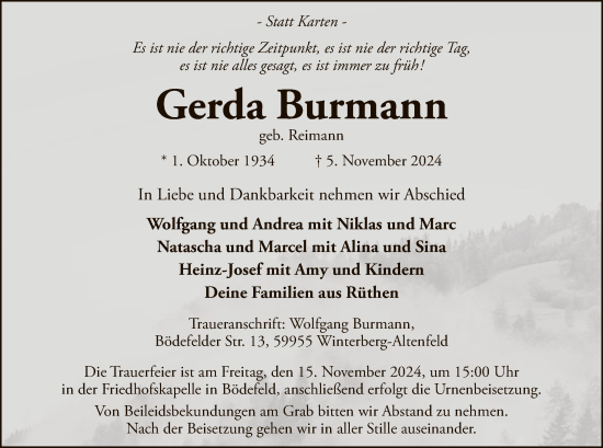Traueranzeige von Gerda Burmann von WA