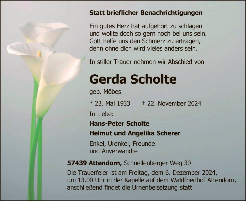  Traueranzeige für Gerda Scholte vom 30.11.2024 aus WA