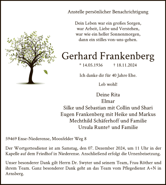Traueranzeige von Gerhard Frankenberg von WAWA