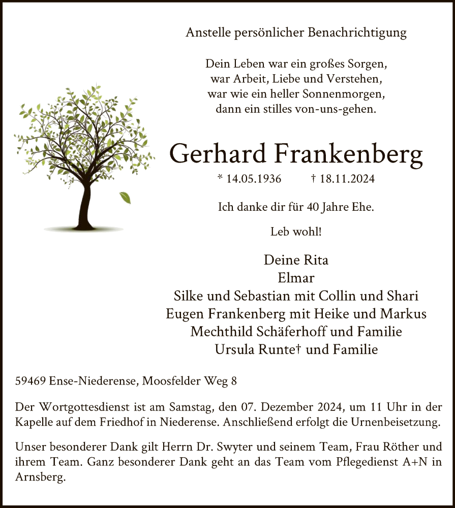  Traueranzeige für Gerhard Frankenberg vom 30.11.2024 aus WAWA