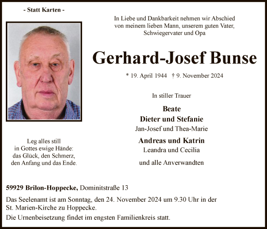 Traueranzeige von Gerhard-Josef Bunse von WA