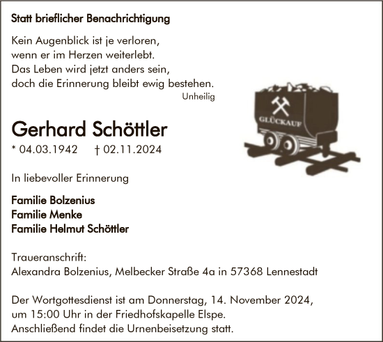Traueranzeige von Gerhard Schöttler von WA