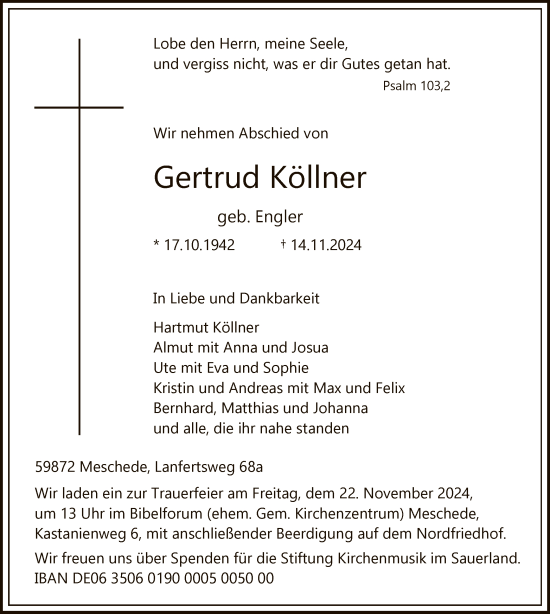 Traueranzeige von Gertrud Köllner von WA