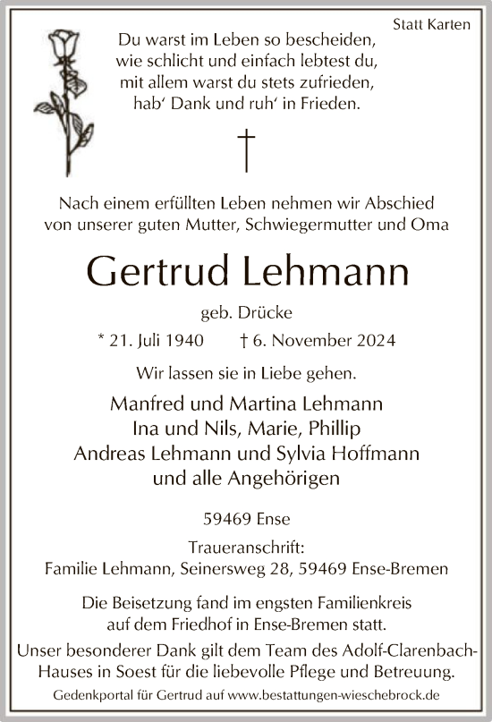 Traueranzeige von Gertrud Lehmann von WA