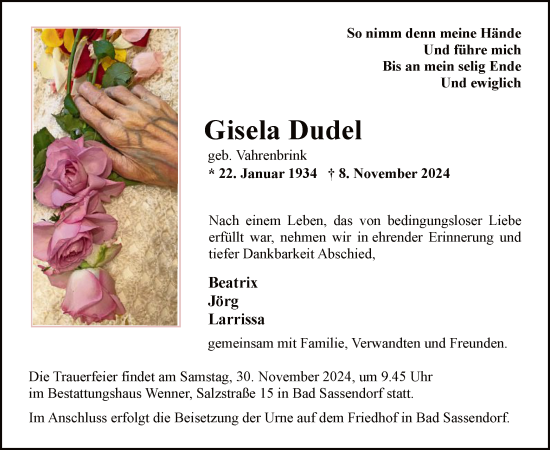 Traueranzeige von Gisela Dudel von WA