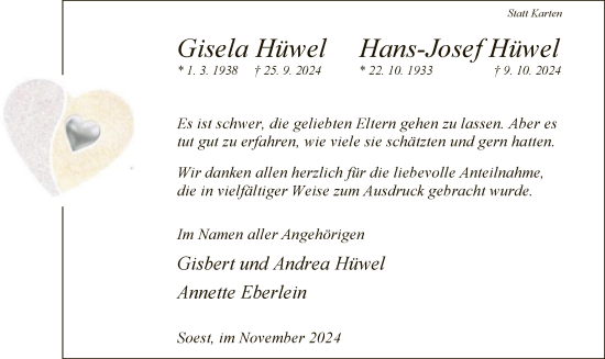Traueranzeige von Gisela und Hans-Josef Hüwel von WA