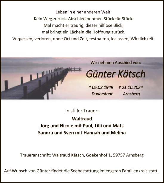 Traueranzeige von Günter Kätsch von WAWA