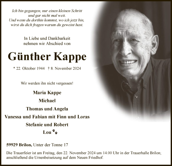 Traueranzeige von Günther Kappe von WA