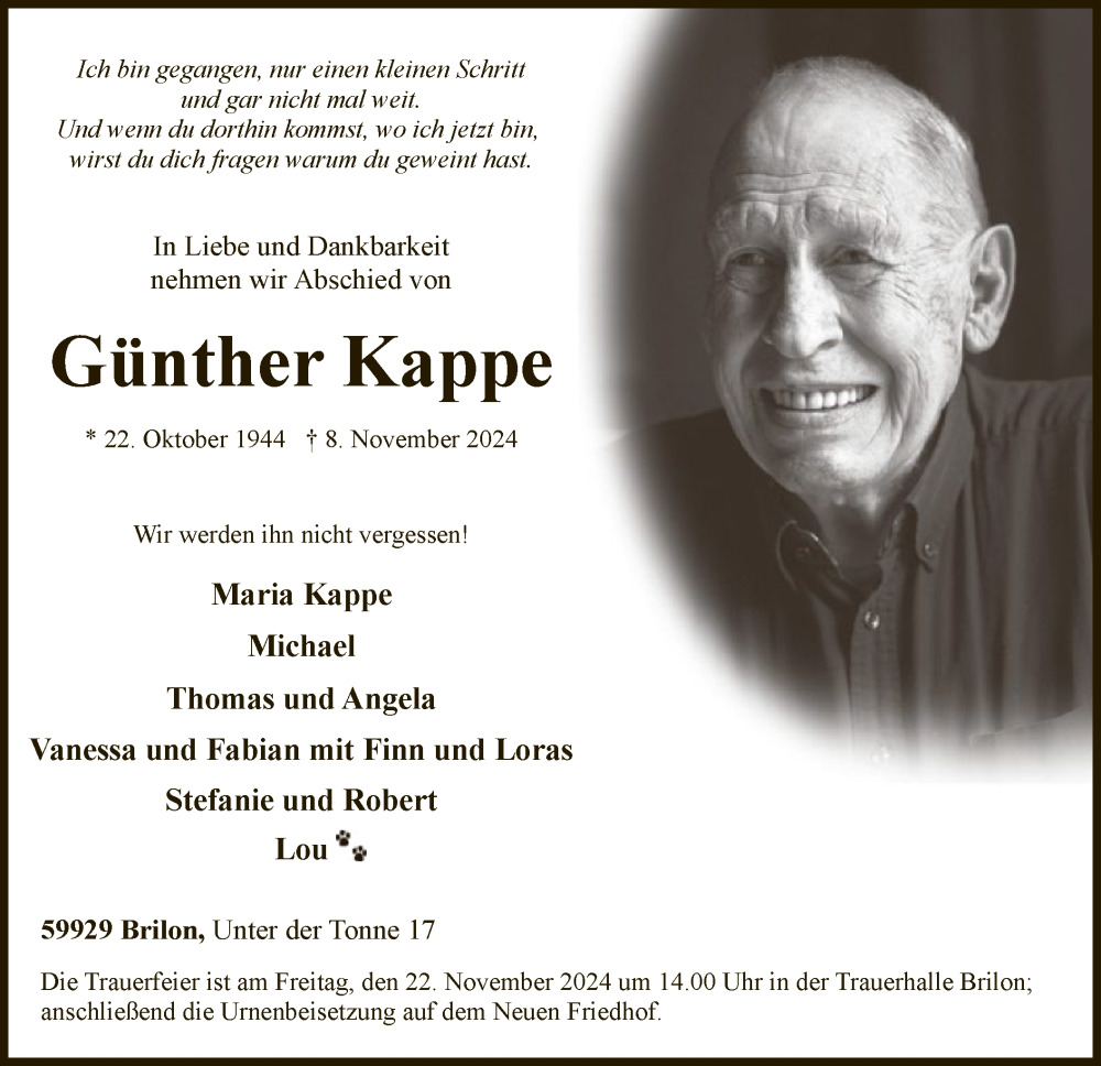  Traueranzeige für Günther Kappe vom 16.11.2024 aus WA