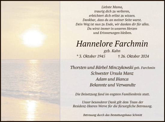 Traueranzeige von Hannelore Farchmin von WA