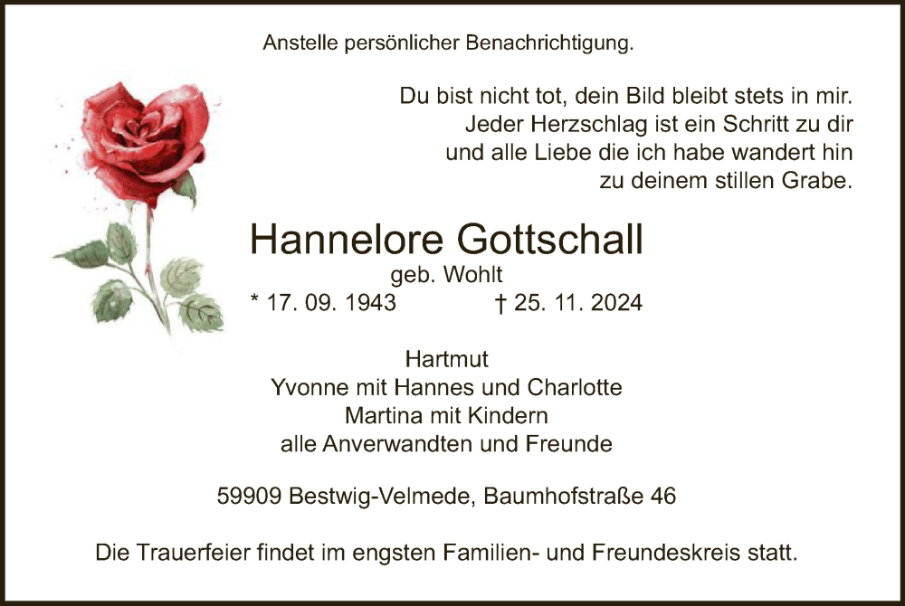  Traueranzeige für Hannelore Gottschall vom 30.11.2024 aus WA