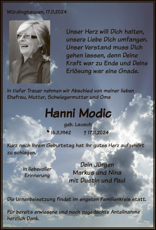 Traueranzeige von Hanni Modic von WA