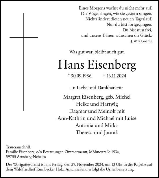 Traueranzeige von Hans Eisenberg von WA