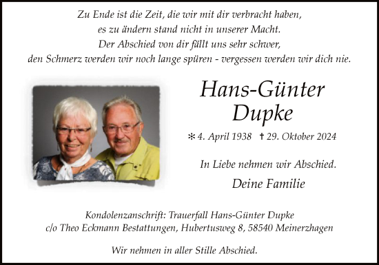 Traueranzeige von Hans-Günter Dupke von WA