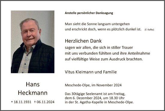 Traueranzeige von Hans Heckmann von WA