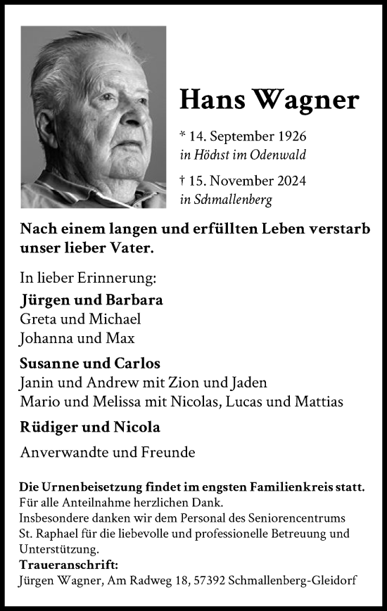 Traueranzeige von Hans Wagner von WA