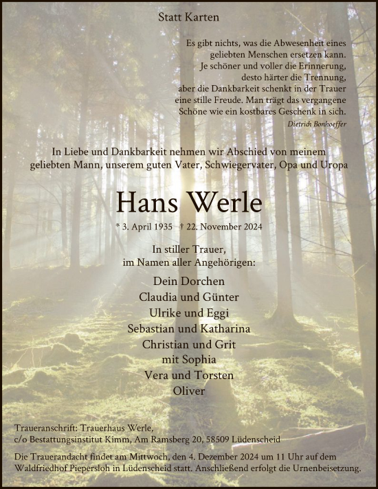 Traueranzeige von Hans Werle von WA