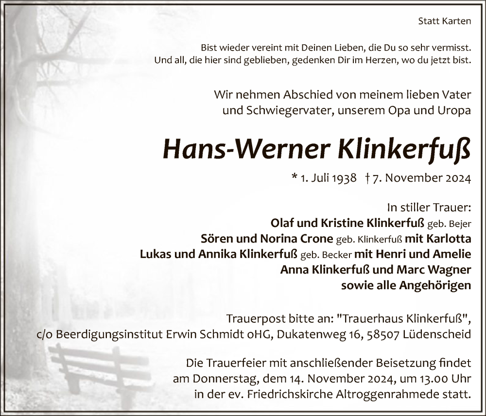  Traueranzeige für Hans-Werner Klinkerfuß vom 12.11.2024 aus WA