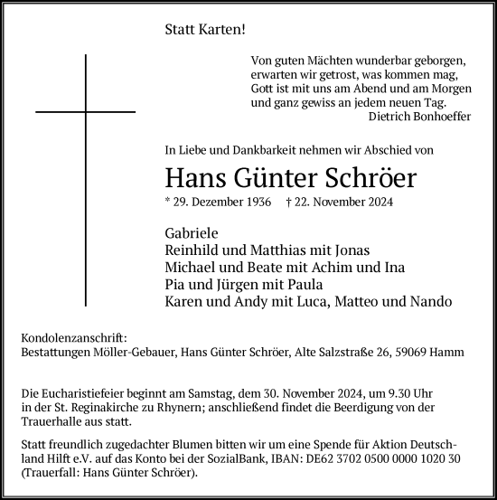 Traueranzeige von Hans Günter Schröer von WA