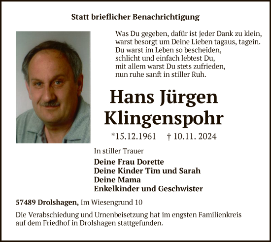 Traueranzeige von Hans Jürgen Klingenspohr von WA