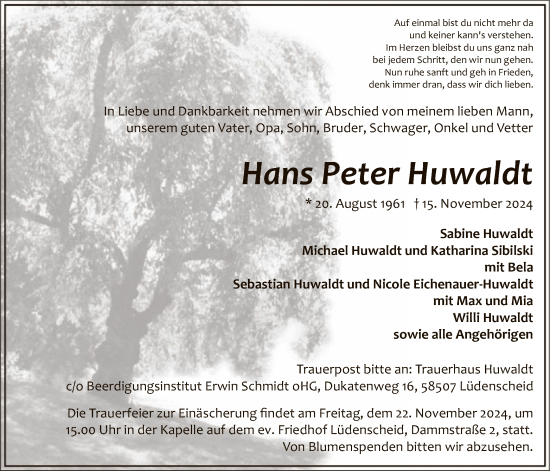 Traueranzeige von Hans Peter Huwaldt von WA