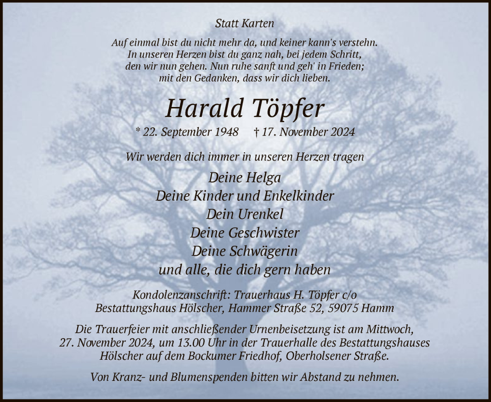  Traueranzeige für Harald Töpfer vom 23.11.2024 aus WA