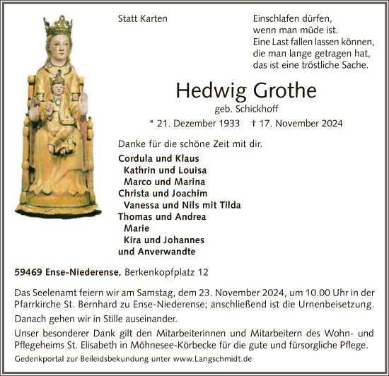 Traueranzeige von Hedwig Grothe von WA