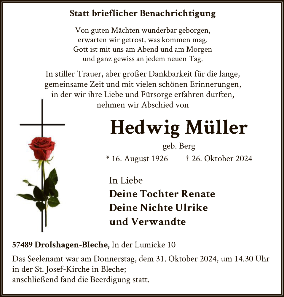  Traueranzeige für Hedwig Müller vom 02.11.2024 aus WA