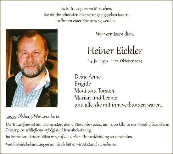 Traueranzeige von Heiner Eickler von WA