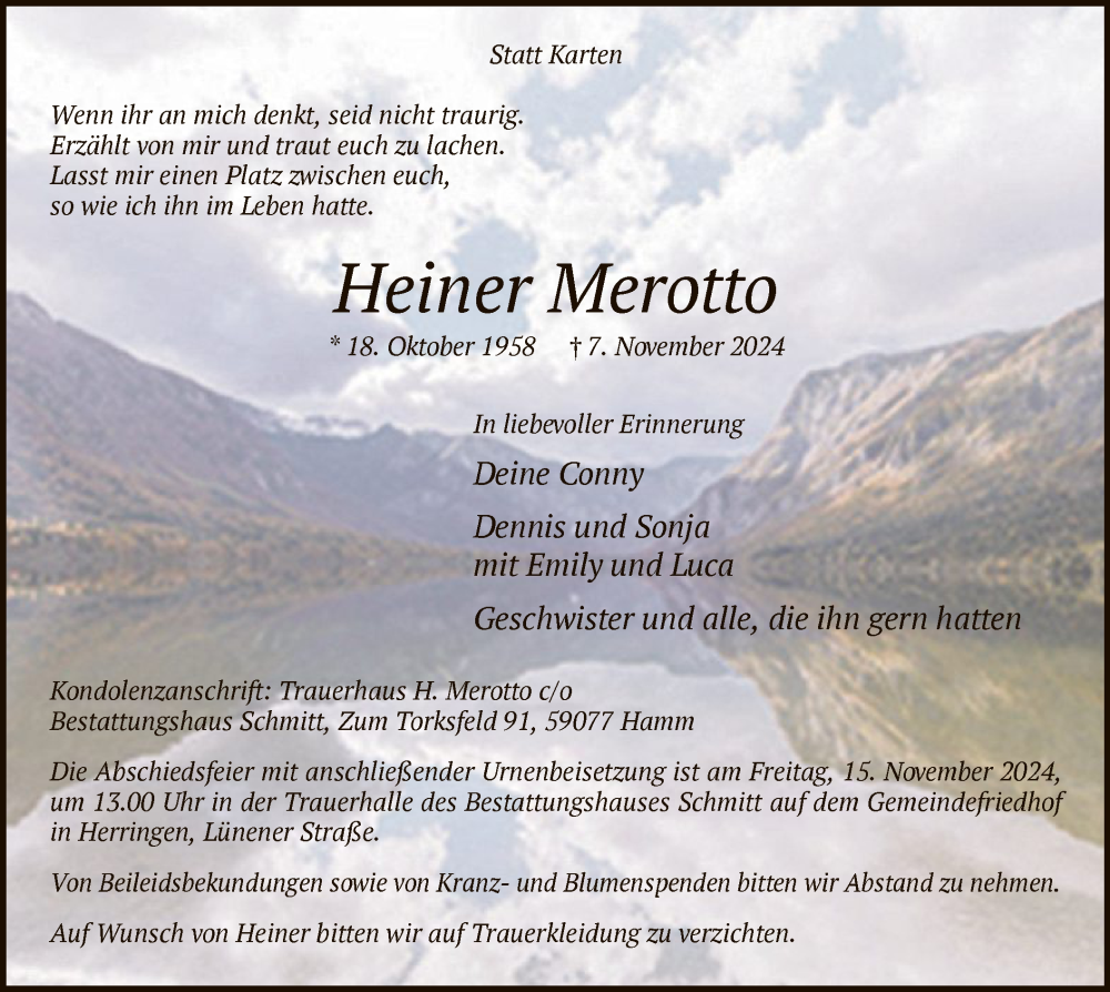  Traueranzeige für Heiner Merotto vom 13.11.2024 aus WA