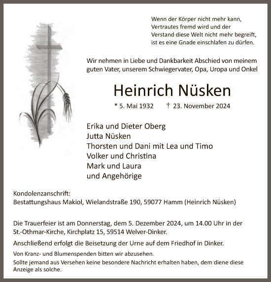 Traueranzeige von Heinrich Nüsken von WA