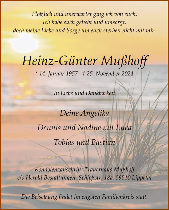Traueranzeige von Heinz-Günter Mußhoff von WA