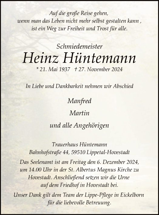 Traueranzeige von Heinz Hüntemann von WA